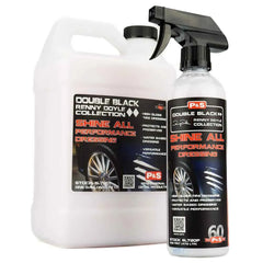 Two bottles of P&S Double Black Renny Doyle Collection Shine All Performance Dressing on a white background.