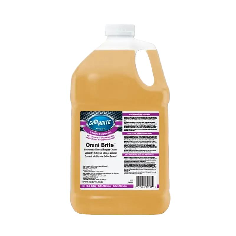 Large bottle of Omni Brite cleaning solution on a gray background