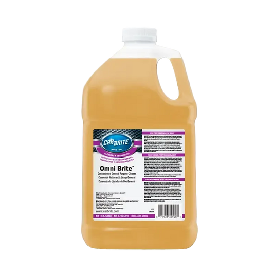 Large bottle of Omni Brite cleaning solution on a gray background