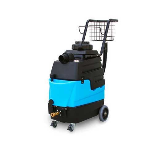 A Mytee 8070 Mytee-Lite Heated Carpet Extractor, which is a hot water extractor for cleaning carpets, shown in blue and black color with a black handle and wheels.